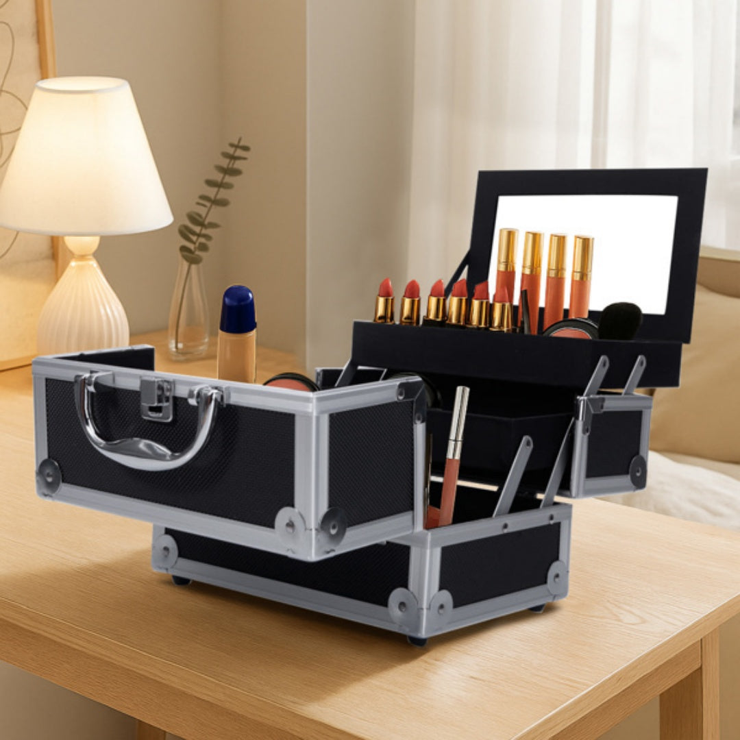 Makeup train case on a vanity