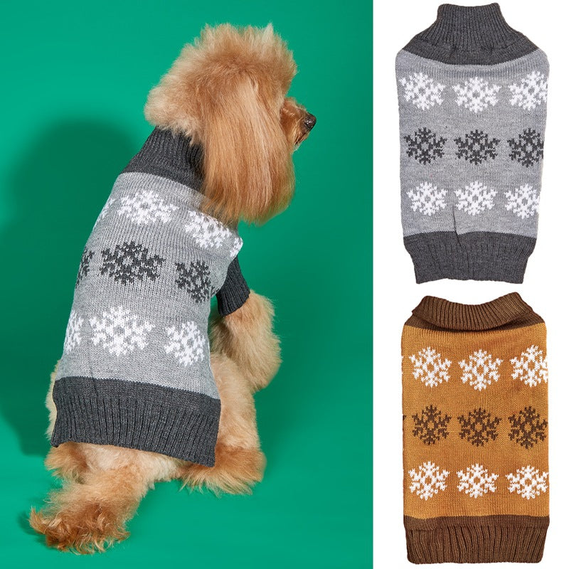Small dog wearing a grey snowflake knit turtleneck sweater, with the grey and dark brown sweaters shown side by side