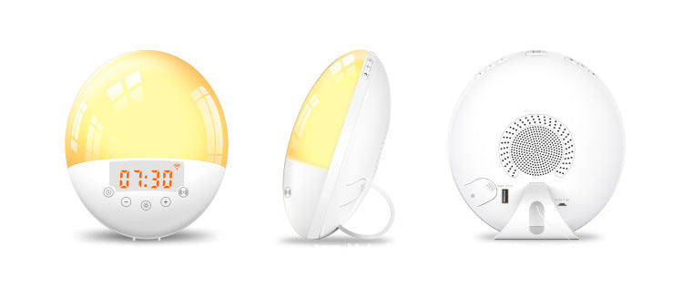 Sunrise alarm clock front, side and back views