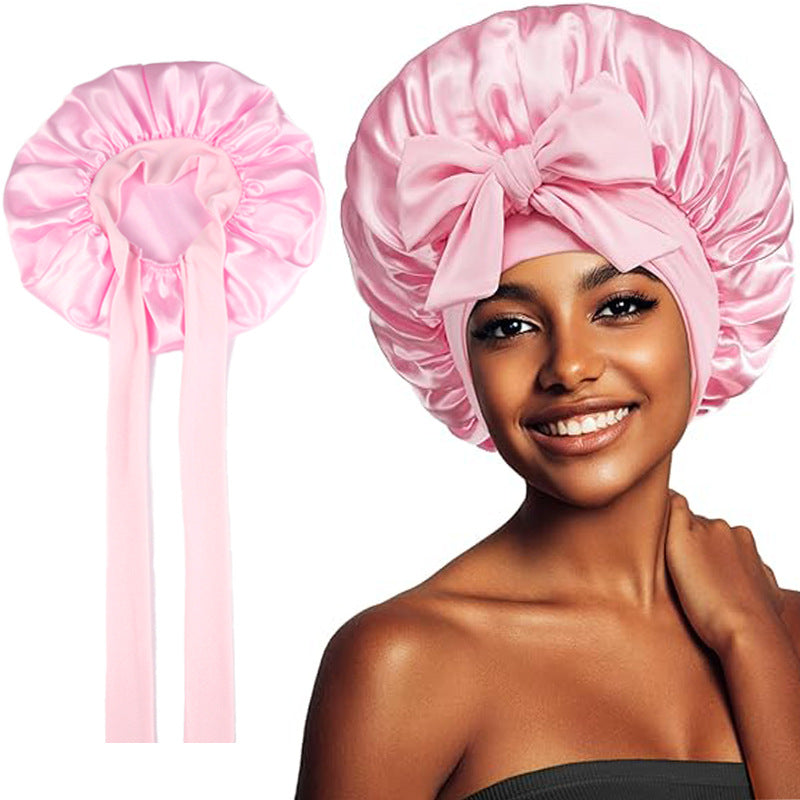 Pink satin hair bonnet with tie band