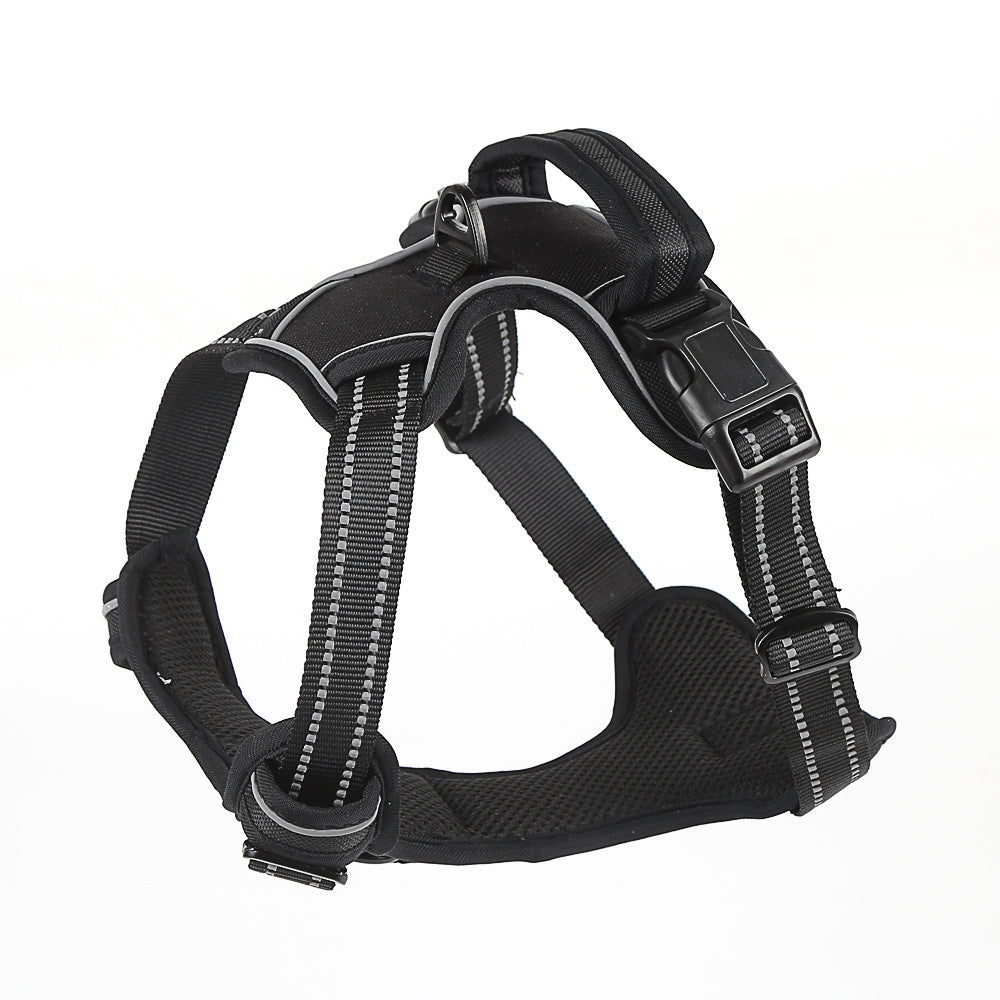 Black reflective dog harness with back grab handle and quick-release buckles