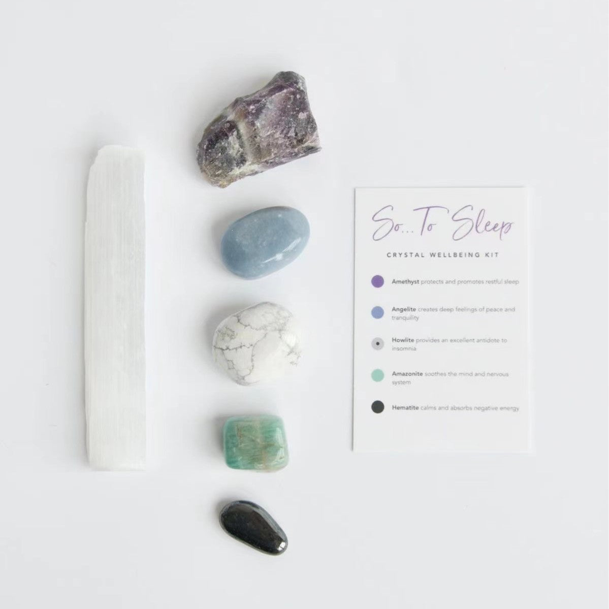 Bedside crystal kit with five stones and a selenite wand