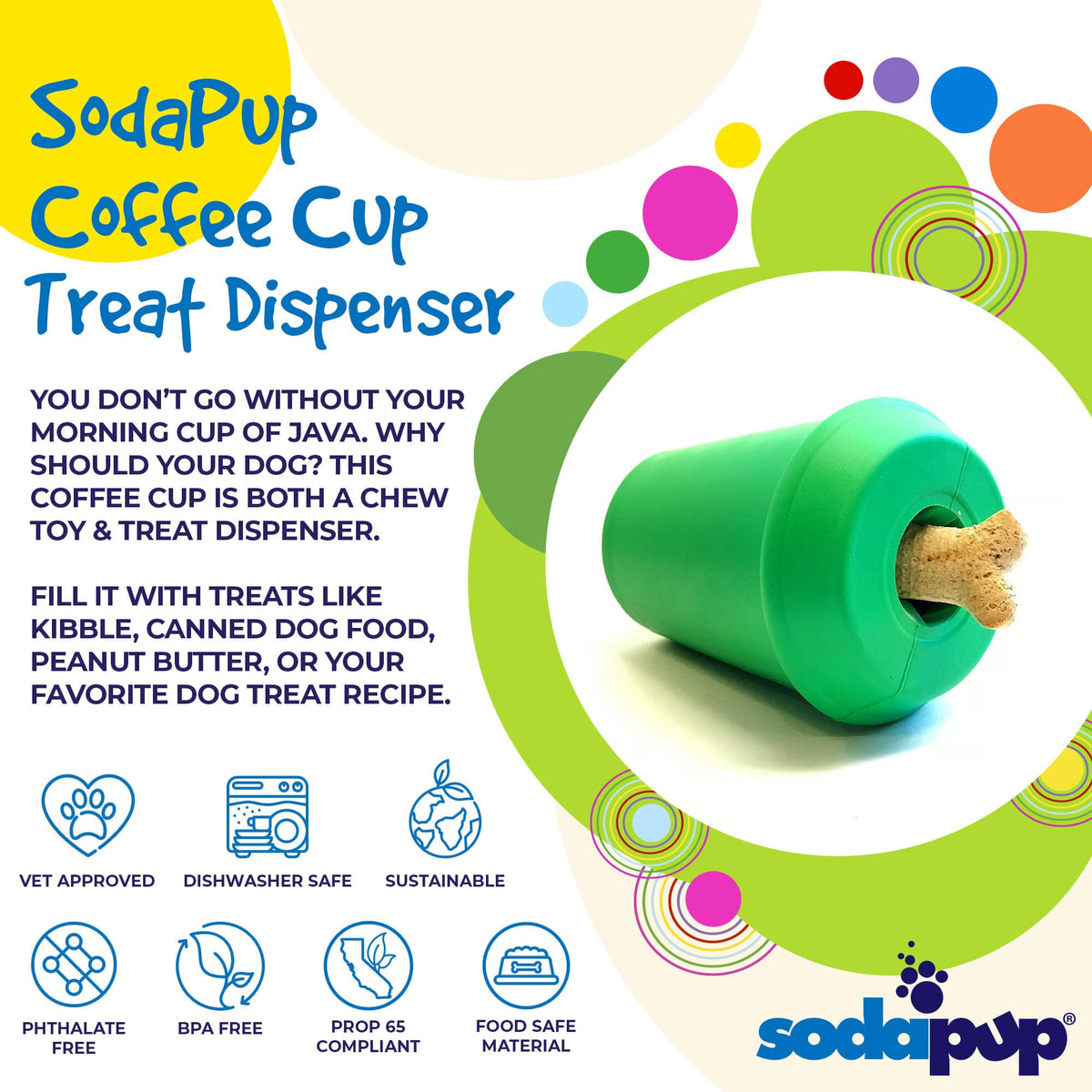 Coffee Cup Dog Toy, Rubber Treat Dispenser, Made in USA by SodaPup