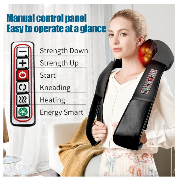 Woman relaxing with the massager over her shoulders, with the control panel buttons explained