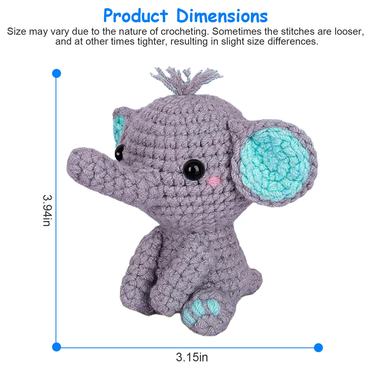 Finished elephant size, about 4 x 3 inches