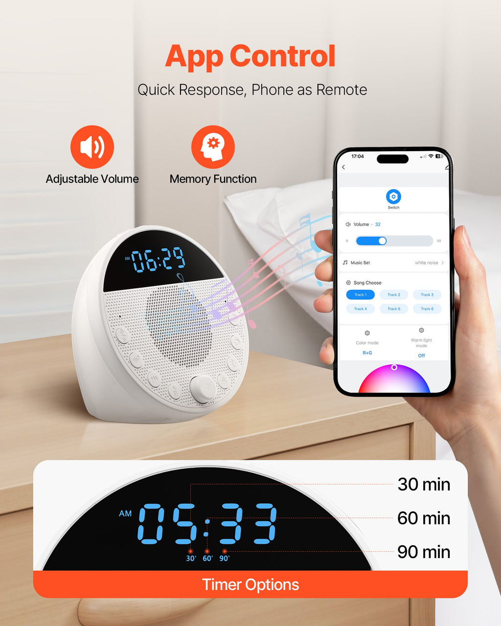 App control with volume, memory function and 30, 60 or 90 minute timer