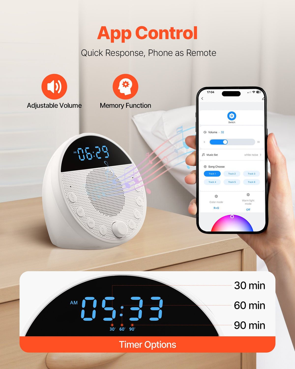 App control with volume, memory function and 30, 60 or 90 minute timer