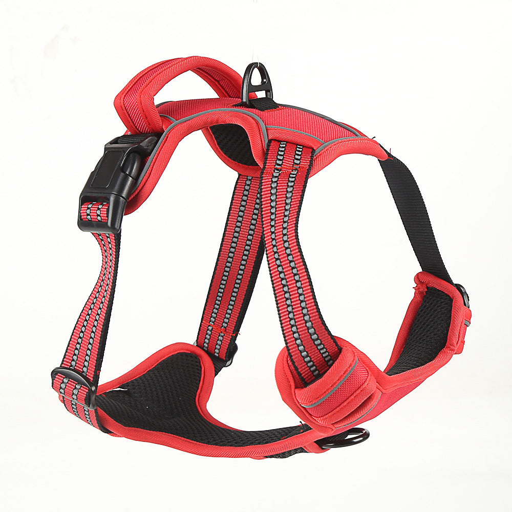 Red reflective dog harness with back grab handle and padded mesh lining