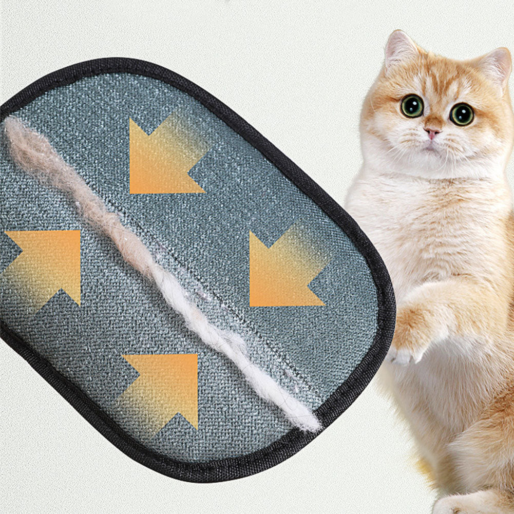 Close-up of the grey face of the mitt with gathered cat hair, a cat beside it