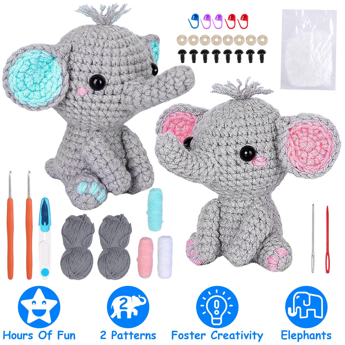 Amimono elephants with safety eyes and stitch markers