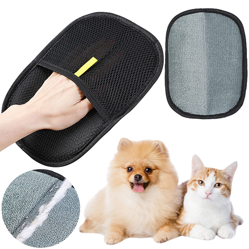 Black mesh pet hair remover mitt worn on a hand, its grey face with a strip of collected hair, and a small dog and cat