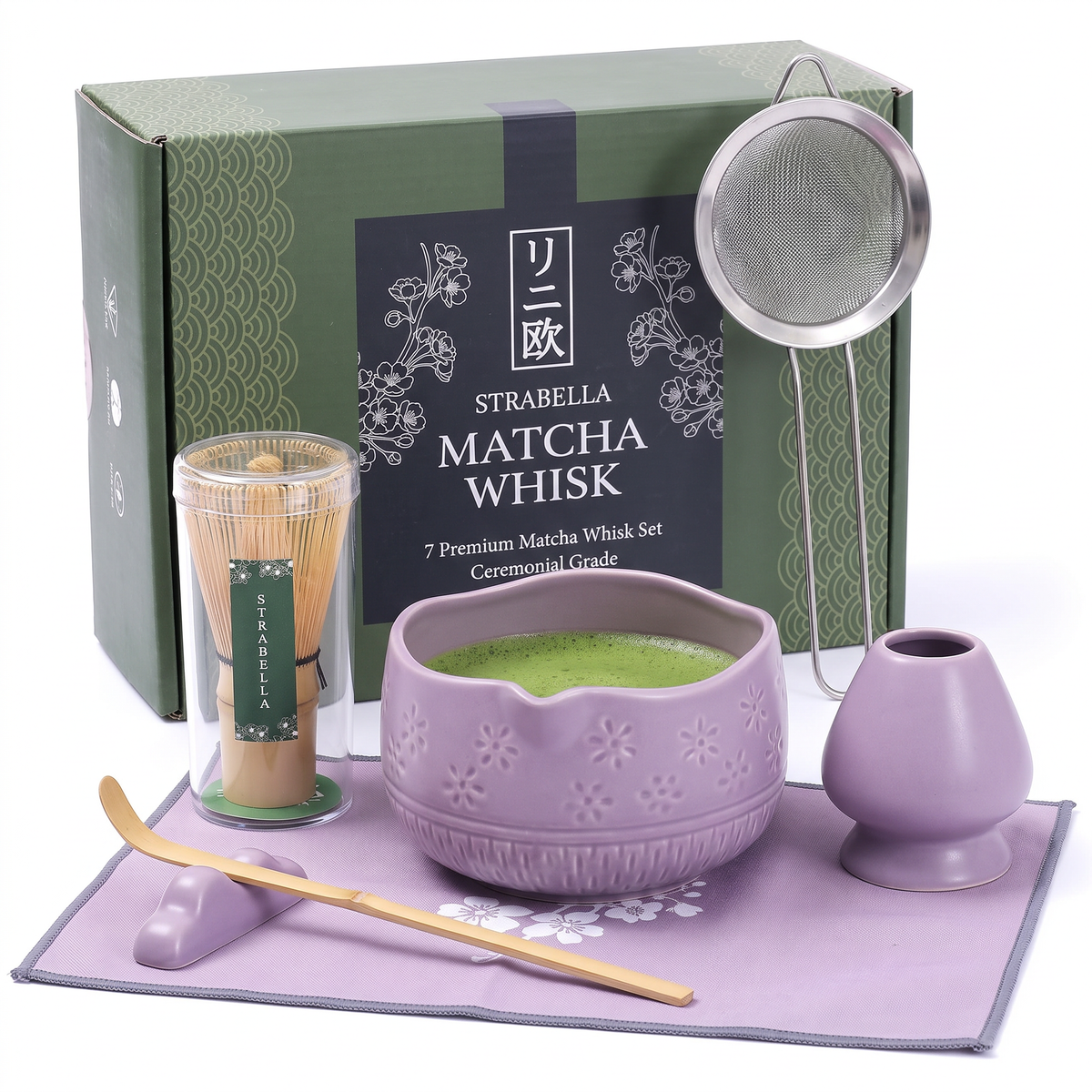 Matcha ritual set with a purple ceramic bowl