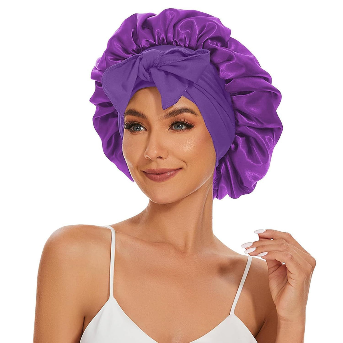 Lavender satin hair bonnet with tie band