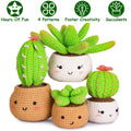 Four crocheted potted succulents with smiling faces from the Amimono kit