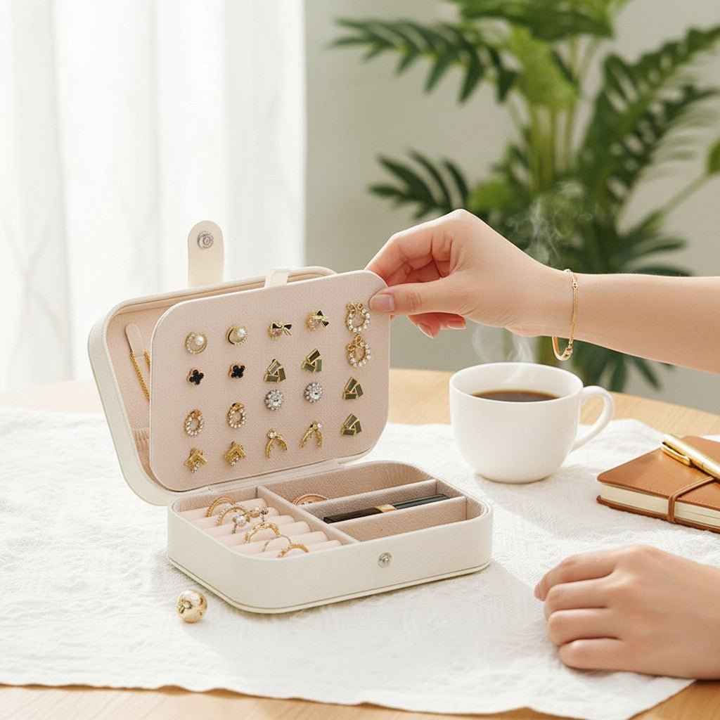 Travel Jewelry Box with Ring Rolls & Earring Panel, 6.25 in