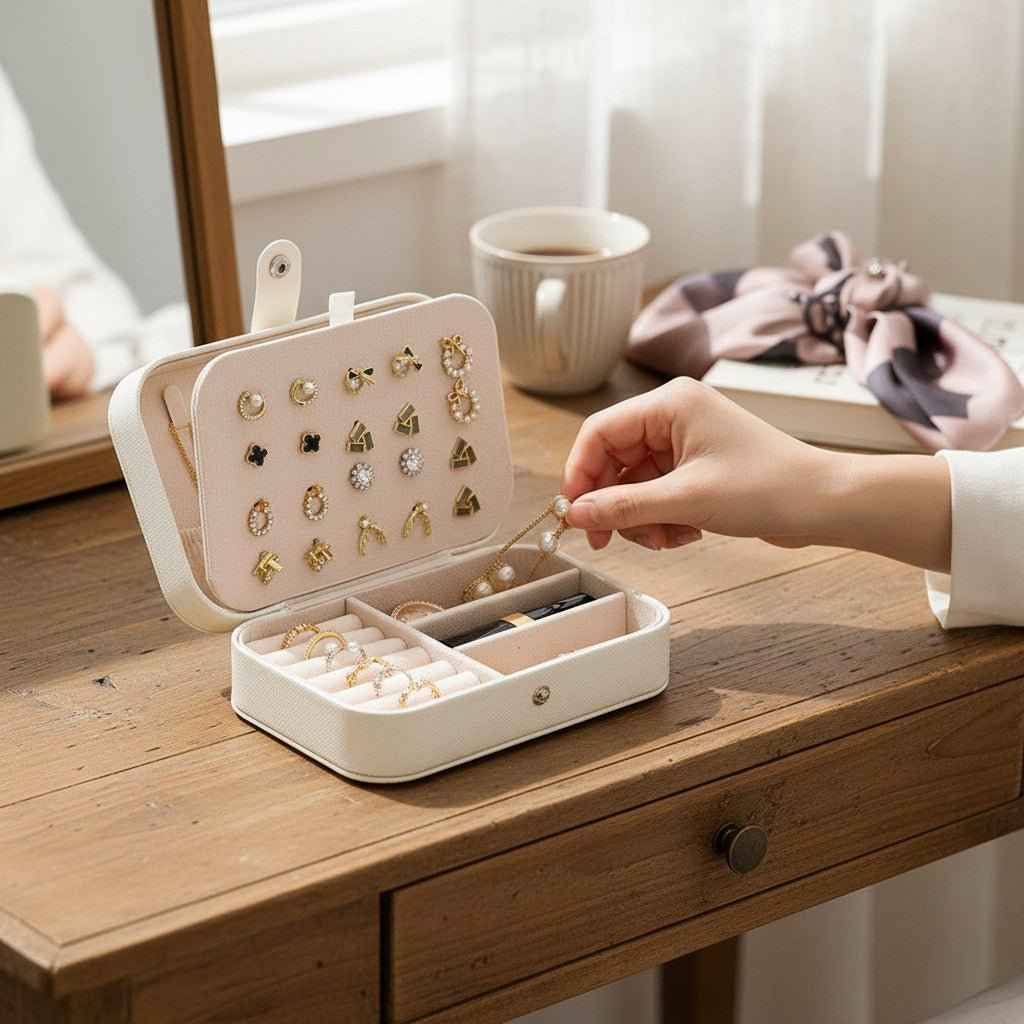 Travel Jewelry Box with Ring Rolls & Earring Panel, 6.25 in
