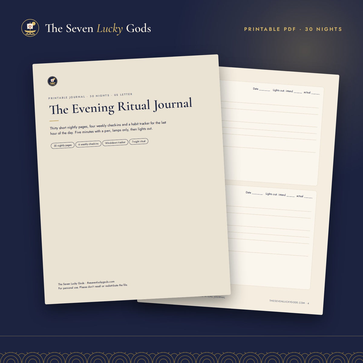 Cover of The Evening Ritual Journal, a 30-night printable journal by The Seven Lucky Gods