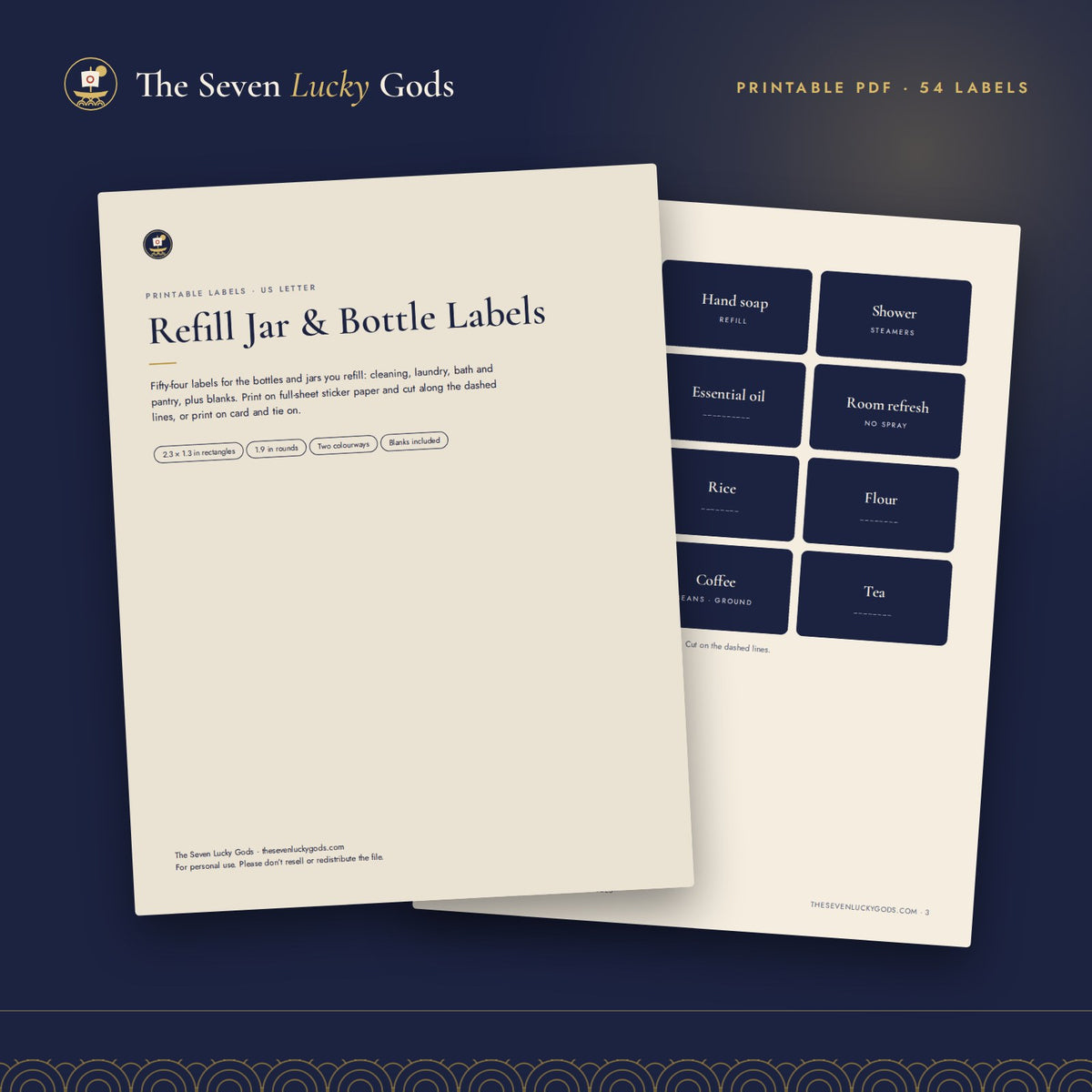Cover of the Refill Jar & Bottle Labels, 54 printable labels by The Seven Lucky Gods
