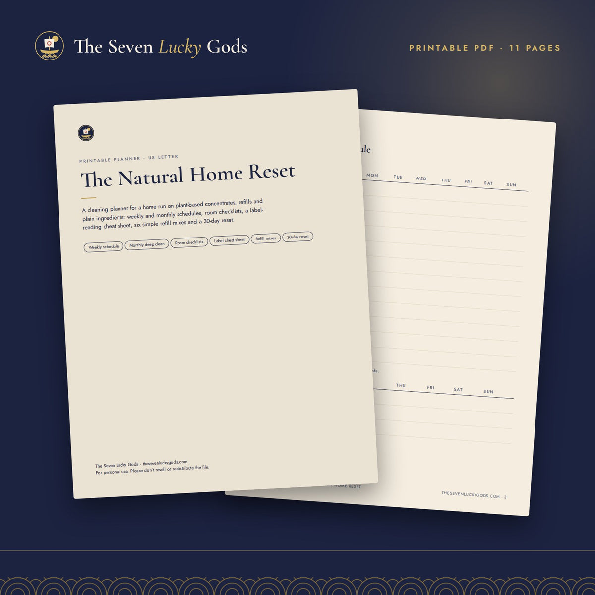 Cover of The Natural Home Reset Planner, an 11-page printable cleaning planner by The Seven Lucky Gods